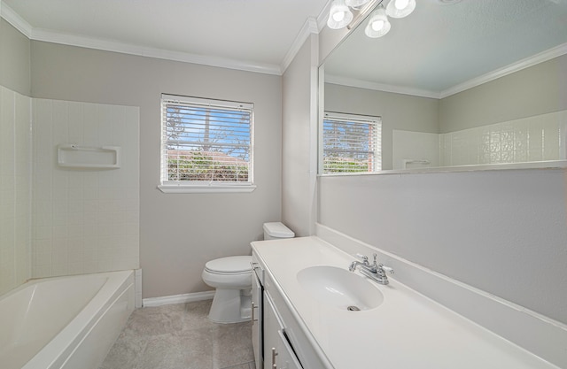 full bathroom featuring vanity, toilet, crown molding, and shower / washtub combination