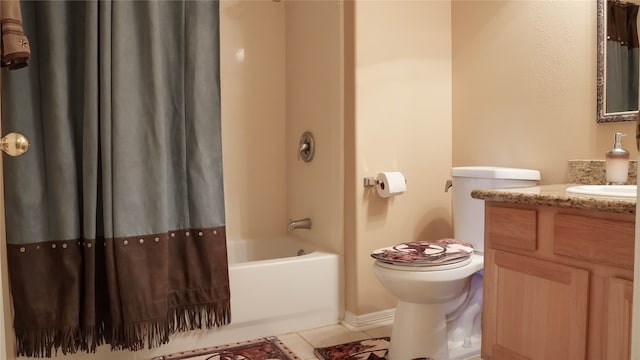 full bathroom featuring shower / bathtub combination with curtain, tile patterned flooring, vanity, and toilet