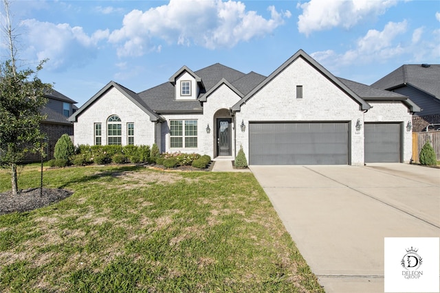 french country inspired facade with a garage and a front lawn