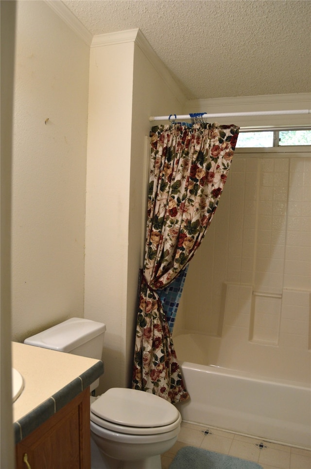 full bathroom featuring a textured ceiling, toilet, tile patterned floors, shower / bath combo, and vanity