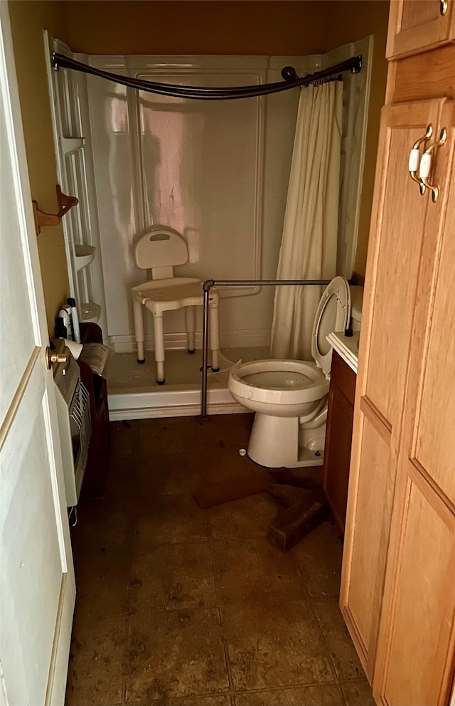 bathroom featuring vanity, toilet, and a shower with shower curtain