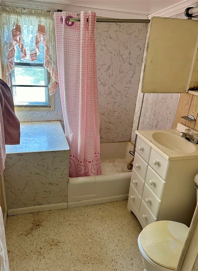 full bathroom featuring vanity, toilet, and shower / bath combo with shower curtain