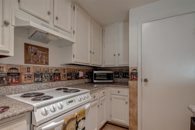 kitchen featuring white cabinetry and white range with electric stovetop