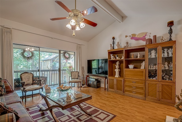 living room with high vaulted ceiling, beamed ceiling, wood-type flooring, and ceiling fan