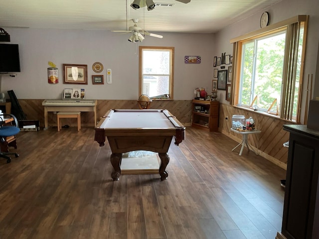 rec room featuring pool table, wooden walls, dark hardwood / wood-style floors, and ceiling fan