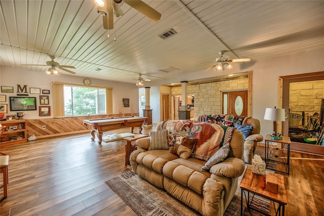 playroom featuring billiards, a wood stove, hardwood / wood-style flooring, ceiling fan, and wooden ceiling