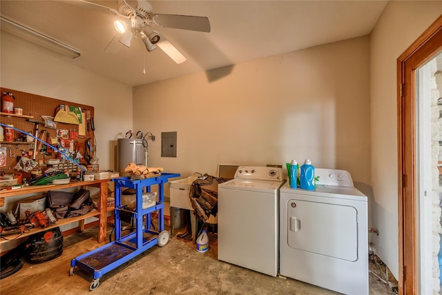 washroom with electric water heater, electric panel, independent washer and dryer, and ceiling fan