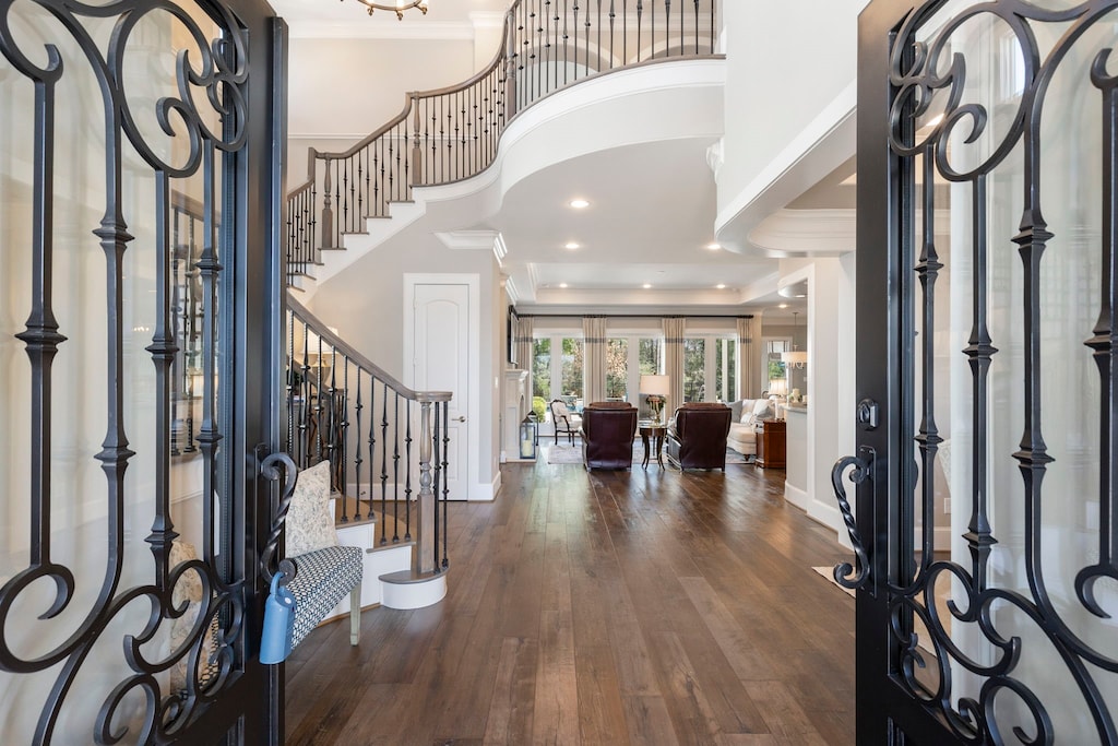 entryway with a raised ceiling, dark hardwood / wood-style floors, a high ceiling, and ornamental molding