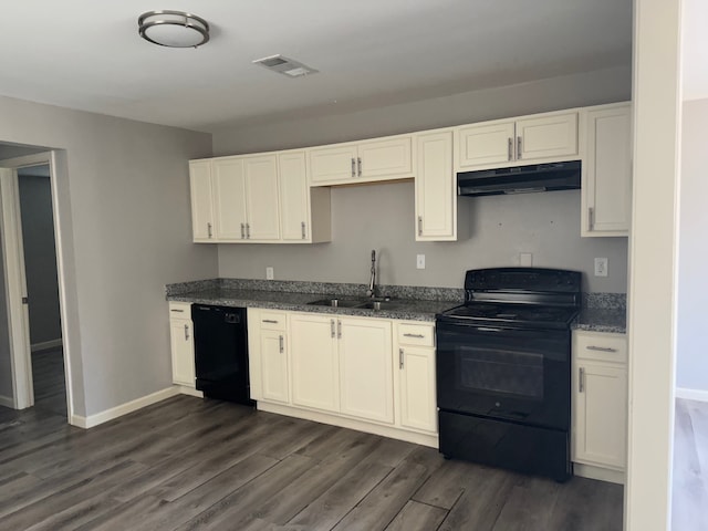 kitchen featuring dark hardwood / wood-style floors, sink, black appliances, and white cabinetry