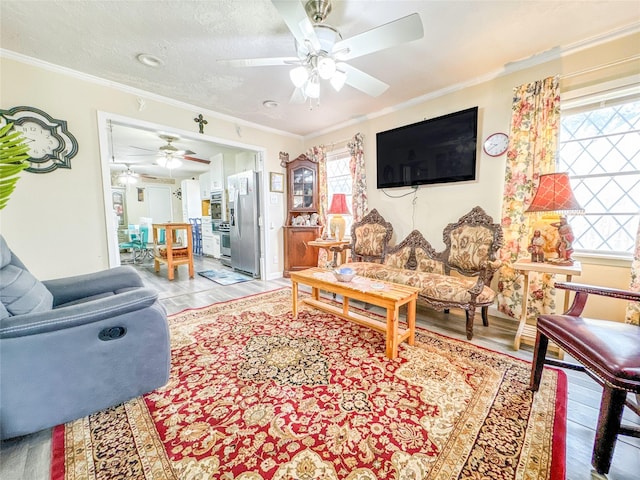 living room featuring a textured ceiling, ornamental molding, and a wealth of natural light