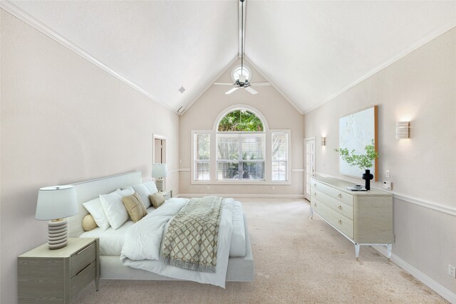 bedroom with lofted ceiling with beams, light colored carpet, and crown molding