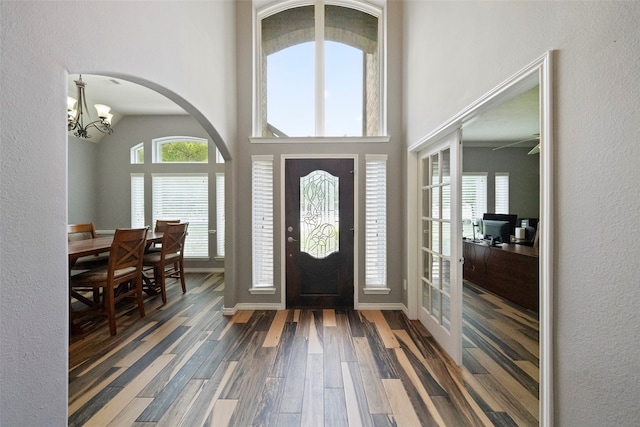 foyer entrance with hardwood / wood-style floors, a high ceiling, and a notable chandelier