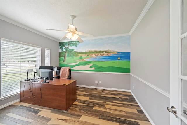 office area with ceiling fan, hardwood / wood-style flooring, crown molding, and a textured ceiling