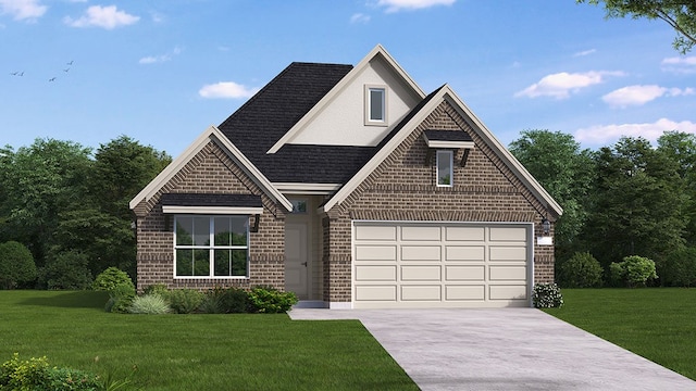 view of front of property featuring a front lawn and a garage