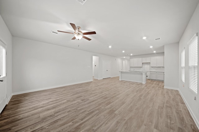 unfurnished living room with light hardwood / wood-style floors and ceiling fan