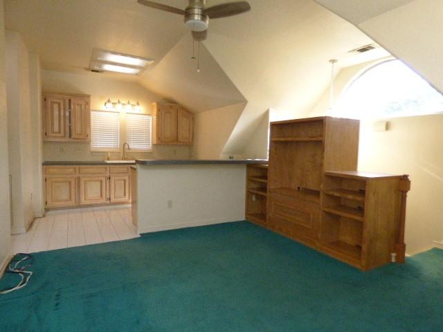 additional living space featuring ceiling fan, light colored carpet, a sink, visible vents, and vaulted ceiling