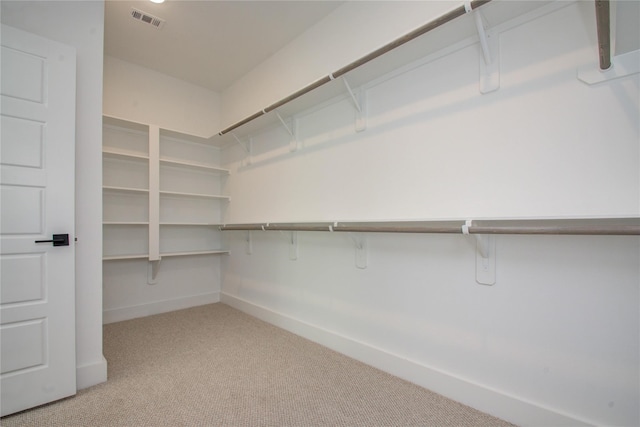 walk in closet with light carpet