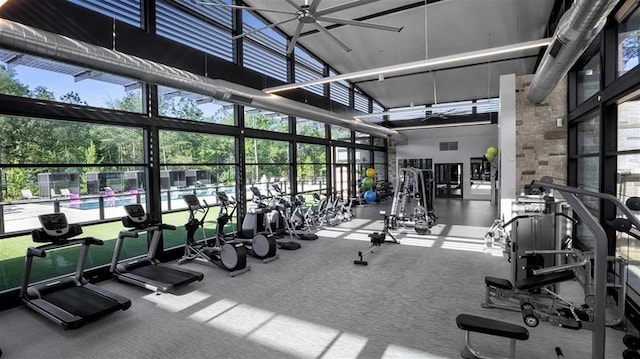 gym with a towering ceiling, a healthy amount of sunlight, ceiling fan, and carpet floors