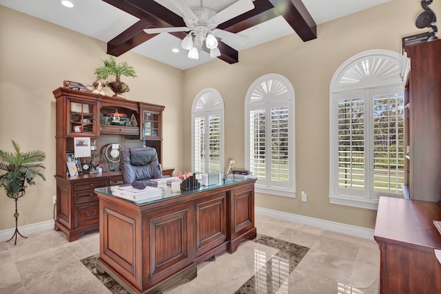 office space featuring ceiling fan, beamed ceiling, and light tile patterned floors