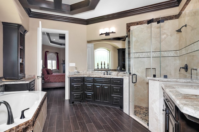 bathroom with vanity, a tray ceiling, plus walk in shower, and crown molding