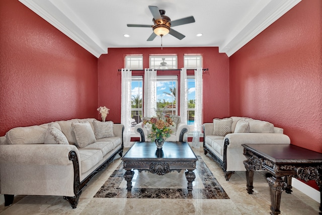 tiled living room featuring ceiling fan and crown molding