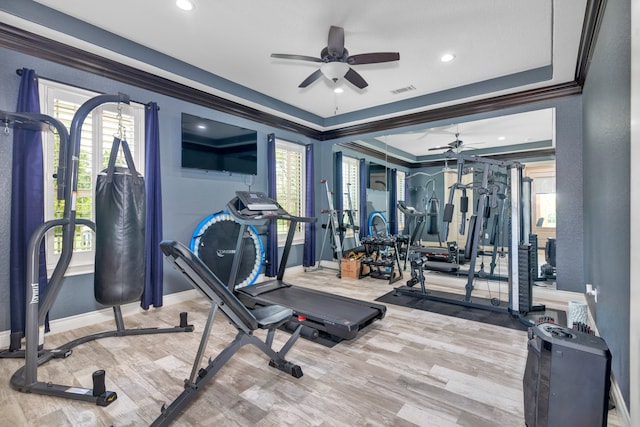 gym featuring ceiling fan, crown molding, hardwood / wood-style flooring, and a raised ceiling