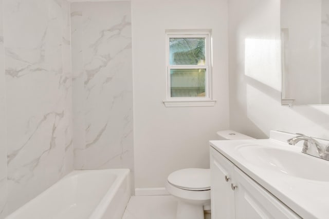 full bathroom featuring tile patterned floors, tiled shower / bath combo, vanity, and toilet