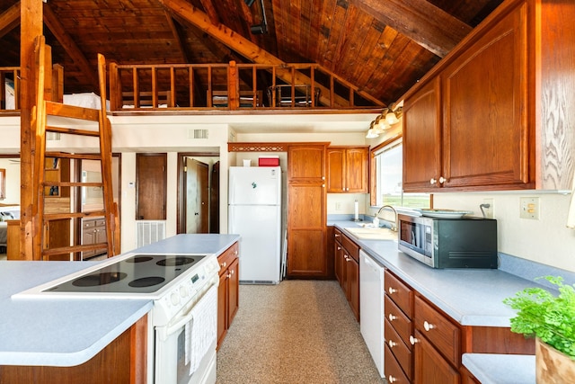 kitchen with lofted ceiling with beams, wooden ceiling, white appliances, a sink, and light countertops