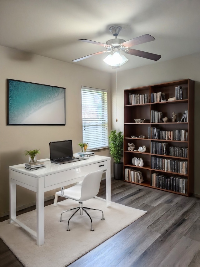 office area featuring ceiling fan and hardwood / wood-style flooring