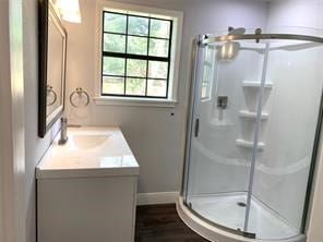 bathroom featuring a shower with shower door, wood-type flooring, vanity, and a healthy amount of sunlight