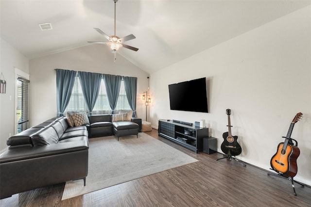 living room with ceiling fan, wood-type flooring, and vaulted ceiling