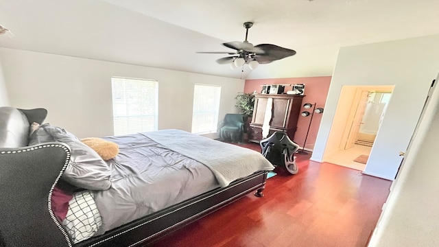 bedroom with connected bathroom and ceiling fan