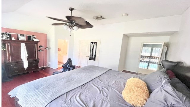 carpeted bedroom with lofted ceiling and ceiling fan