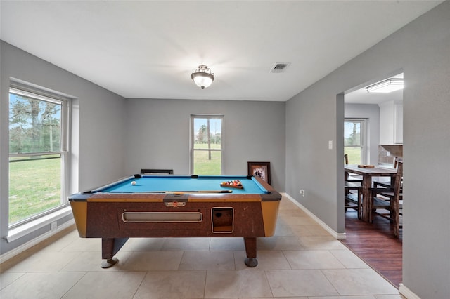 recreation room featuring light hardwood / wood-style flooring, plenty of natural light, and billiards