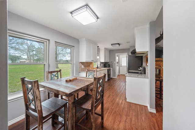 dining space with wood-type flooring and sink