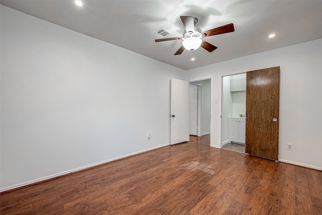 unfurnished bedroom featuring hardwood / wood-style flooring and ceiling fan