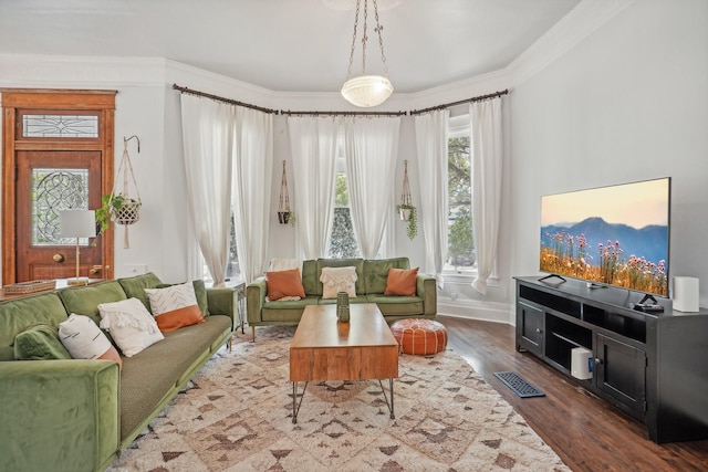 living area with visible vents, crown molding, baseboards, and wood finished floors