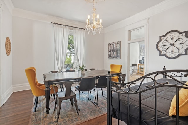 interior space featuring ornamental molding, dark hardwood / wood-style flooring, and an inviting chandelier