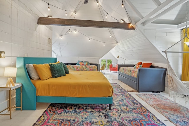 bedroom with vaulted ceiling with beams