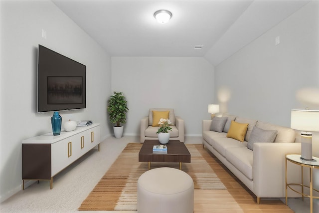 living room with light colored carpet and vaulted ceiling