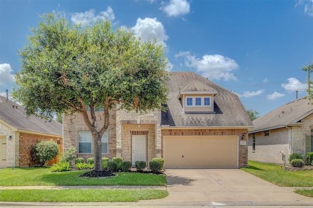 view of front of house with a front lawn and a garage