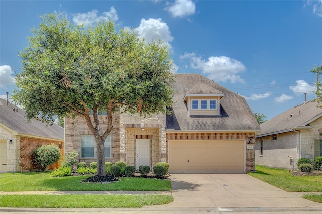 view of front of home with a garage and a front lawn