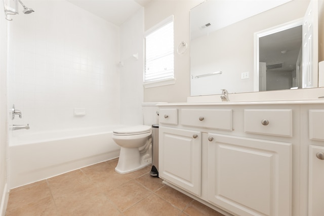 full bathroom featuring bathtub / shower combination, toilet, vanity, and tile patterned flooring