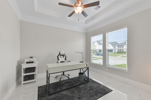 home office with ornamental molding, light tile patterned floors, ceiling fan, and a raised ceiling