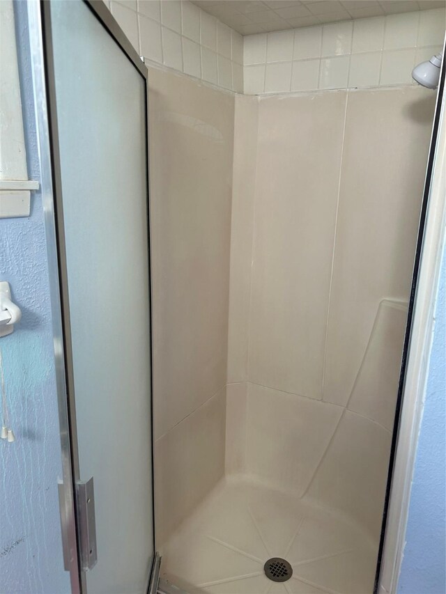 bathroom with a shower with door