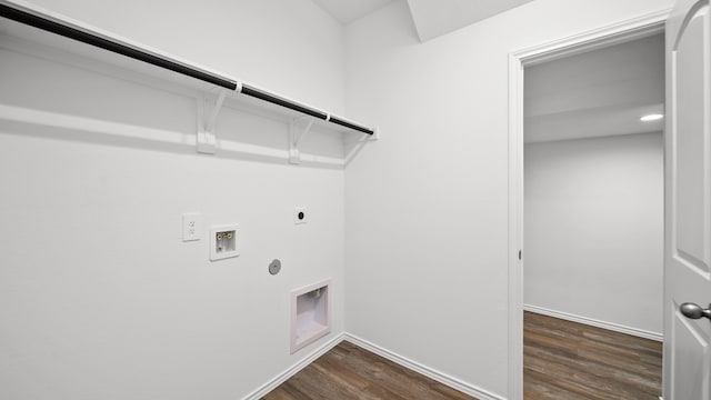 laundry room featuring gas dryer hookup, hookup for a washing machine, dark wood-type flooring, and hookup for an electric dryer