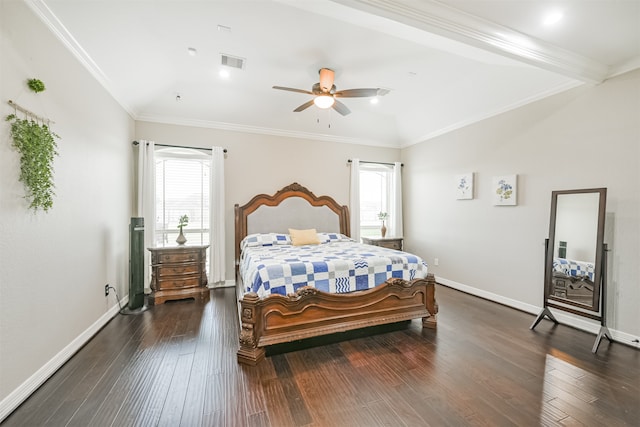 bedroom featuring ceiling fan, dark hardwood / wood-style flooring, beamed ceiling, and ornamental molding