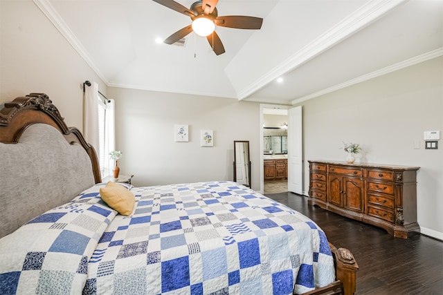 bedroom with dark hardwood / wood-style flooring, ensuite bathroom, ornamental molding, lofted ceiling, and ceiling fan