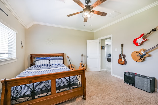 bedroom with ceiling fan, light colored carpet, and crown molding