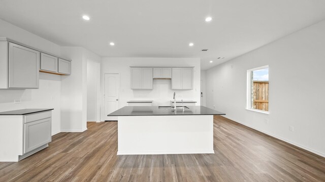 kitchen with hardwood / wood-style floors, gray cabinets, sink, and an island with sink